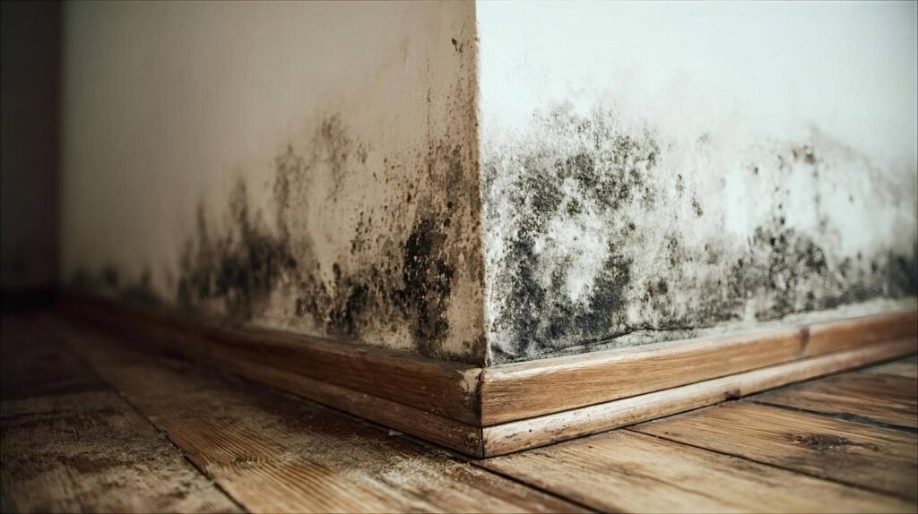 Black mold growing on the lower corner of white walls above a wooden floor.