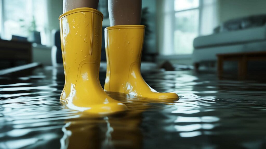 Person wearing yellow rain boots standing in water inside a flooded room.