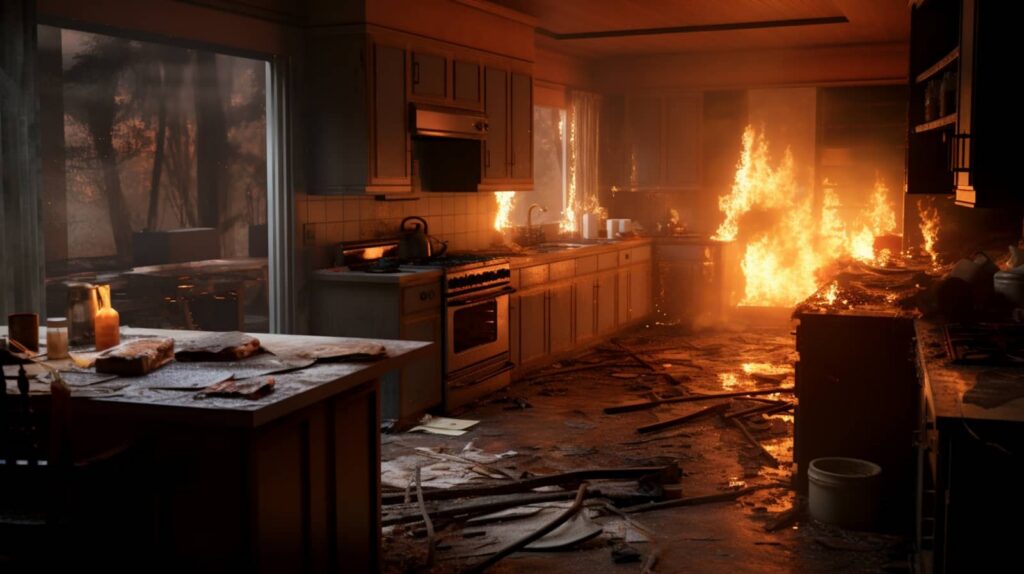 Kitchen engulfed in flames with smoke and debris.