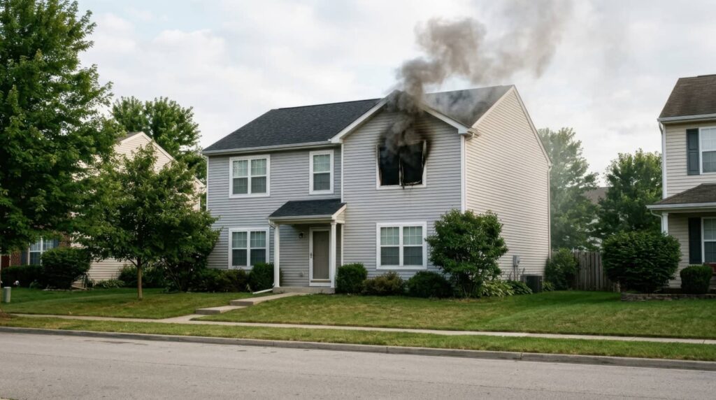 Smoke pours from a burned second-story window of a suburban house.