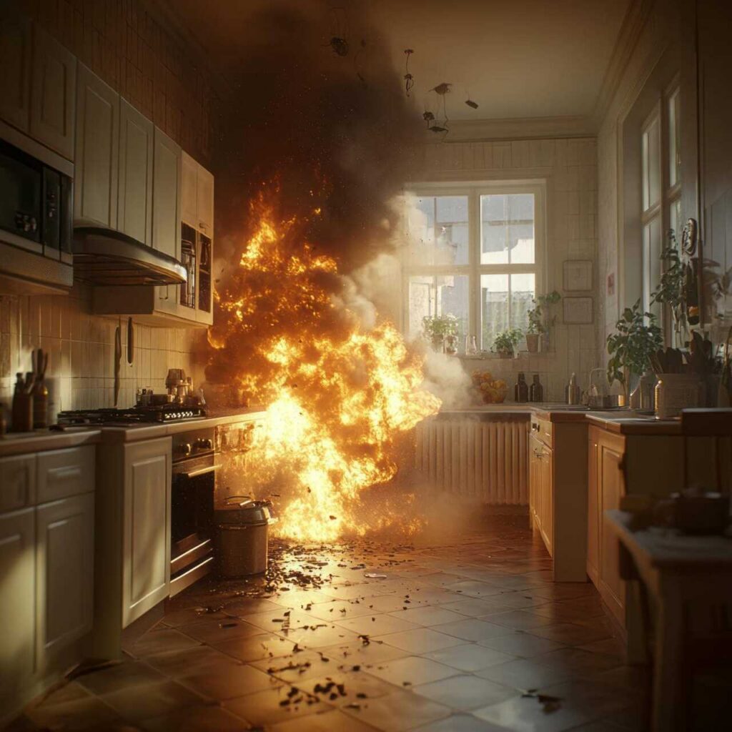 Kitchen stove engulfed in a large fire with flames and smoke spreading upward.