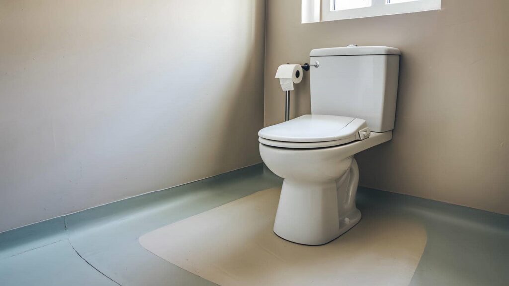 White toilet with closed lid in a corner bathroom with a toilet paper holder nearby.