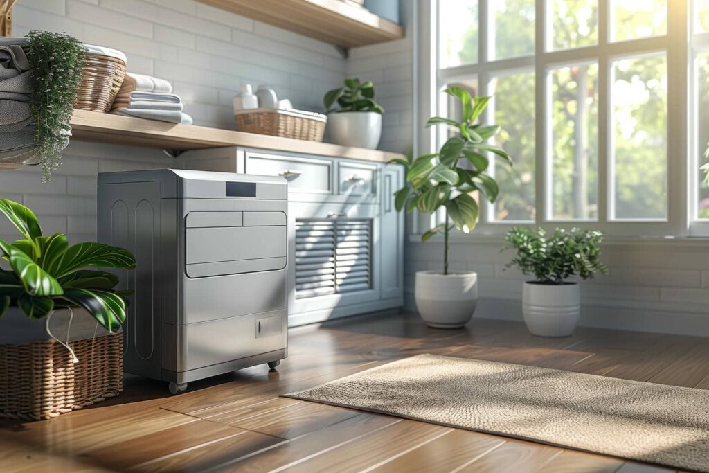 Compact gray washing machine on wooden floor in a bright laundry room with plants and baskets.