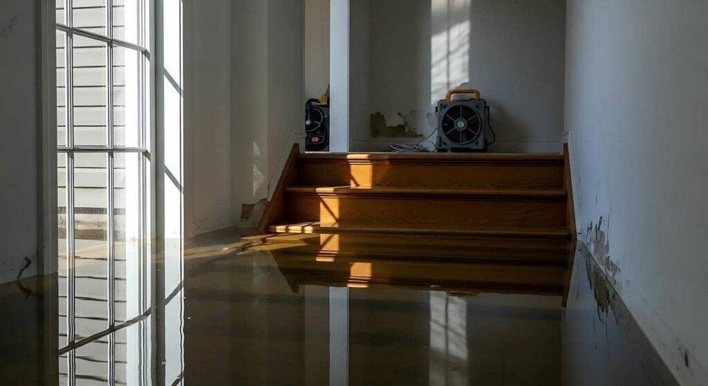 Flooded indoor stairs with a fan and water damage on the walls.