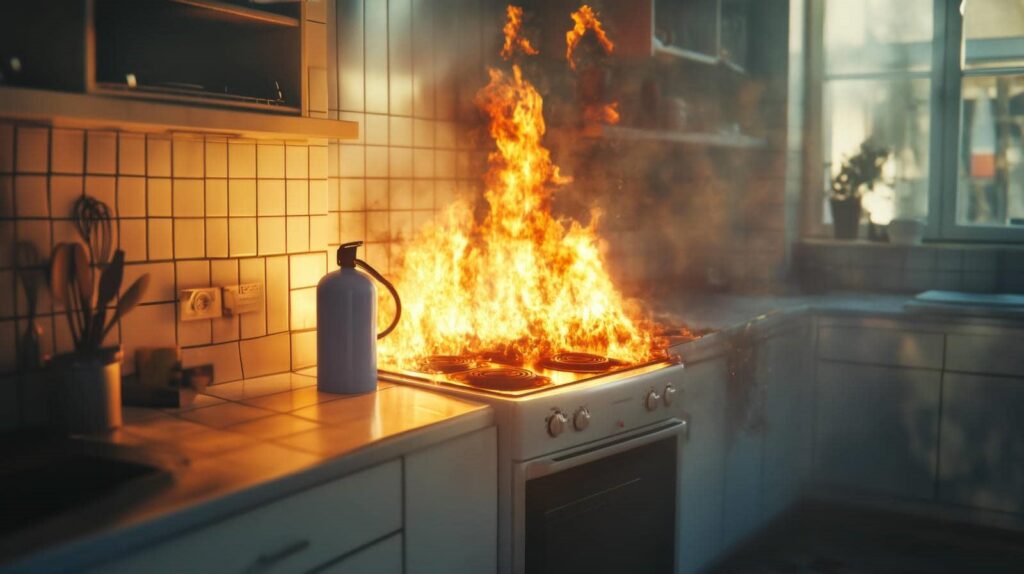 Fire blazing on a kitchen stove with a fire extinguisher on the counter nearby.